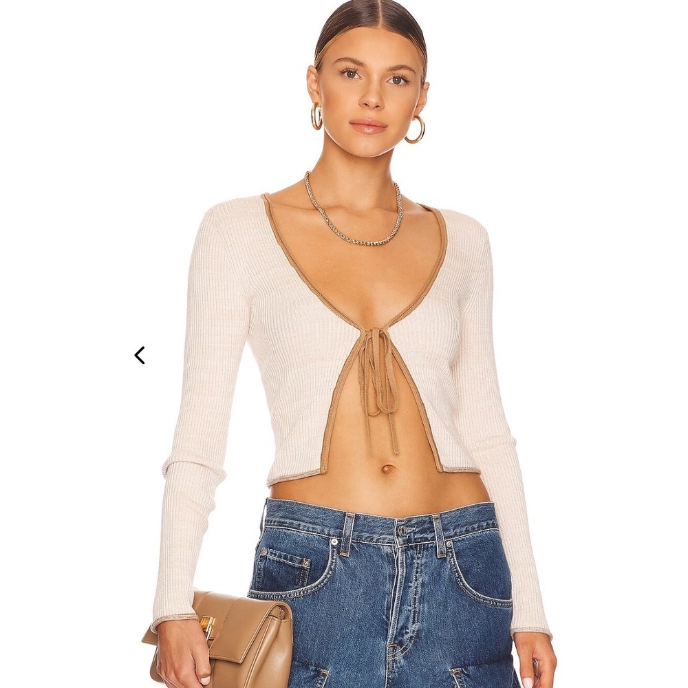 Hansen & Gretel Darius Tie Front Cardigan Small Cream Tan Ribbed Knit Crop Top
